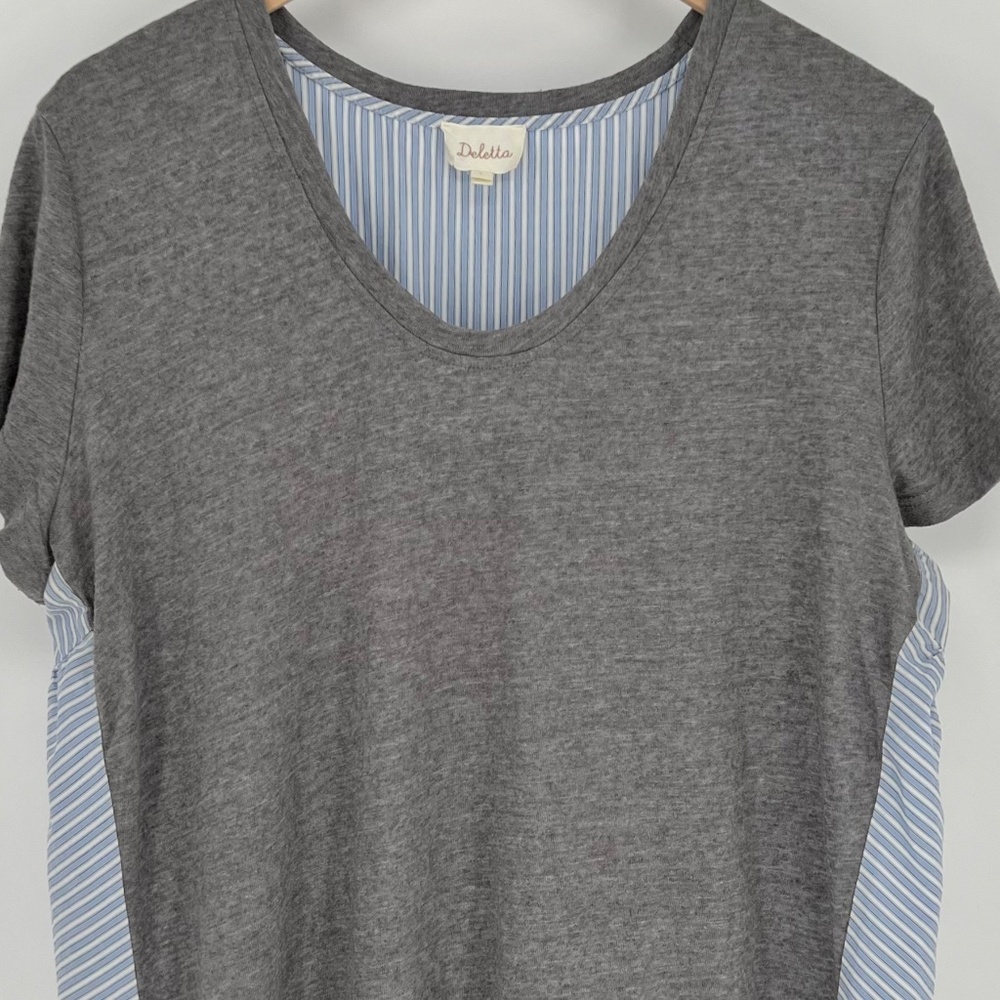 Deletta Womens Linen Blend Short Sleeve Top Size L Gray Blue Stripe Mixed Media - Picture 5 of 15
